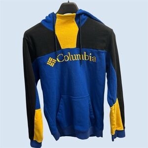 Vintage Color Block Columbia Fleece Hoodie — Outdoor Blue and Yellow Sweatshirt